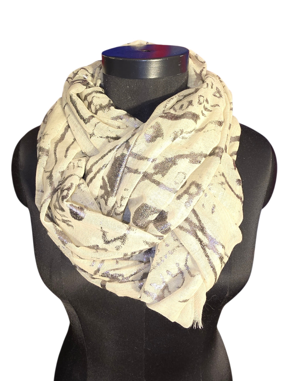 Stålgrått skjerf i merino og silke med "sølv" mønster (75)