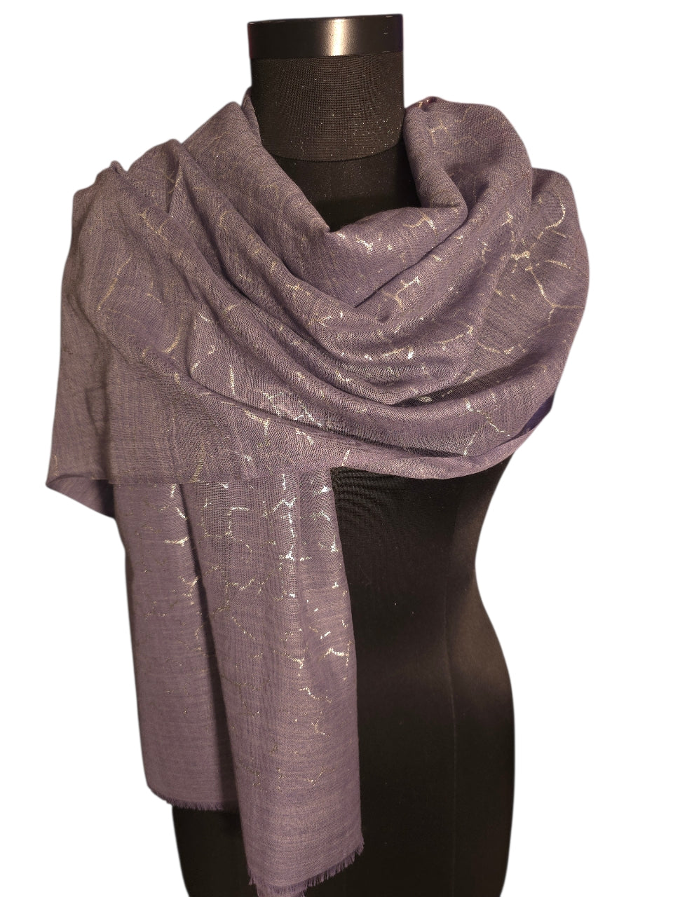 Melert solnedgangsblått skjerf i merino og silke med "sølv" mønster (72)