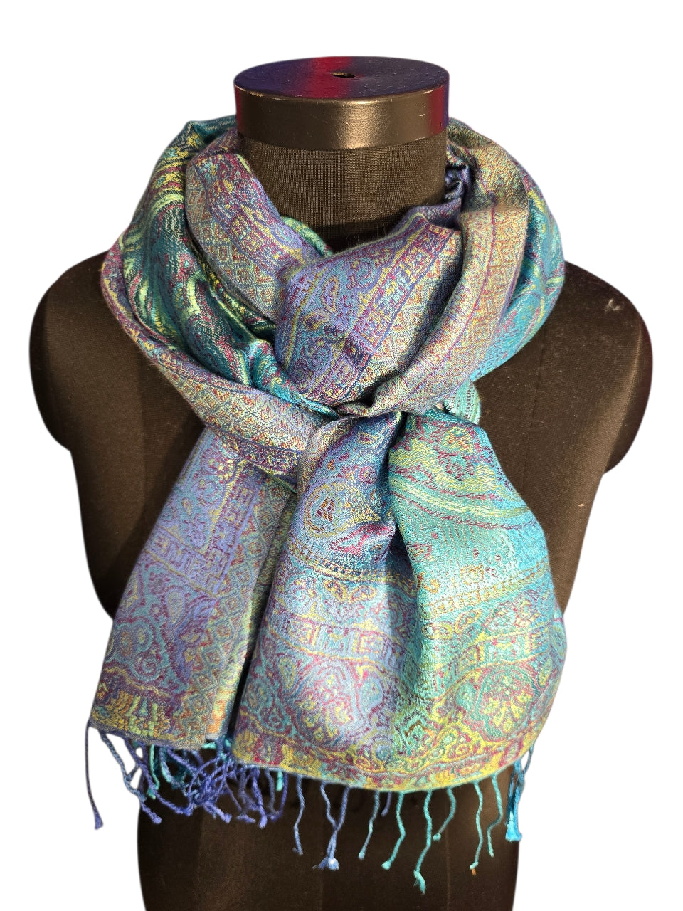 Jaquardvevet silkeskjerf i turkise og blå farger (44)