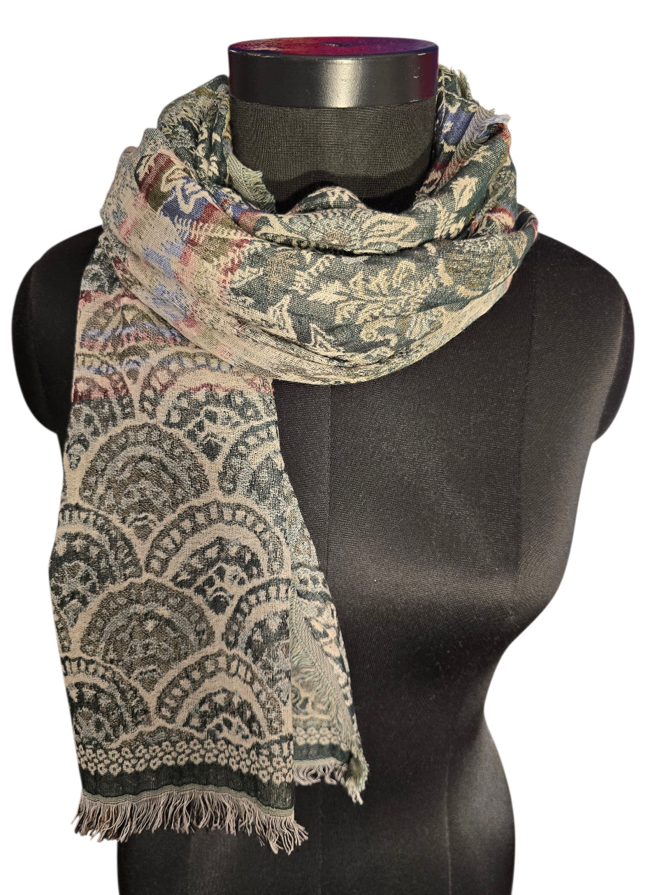 Bomull & silkeskjerf i grønt og offwhite (18)