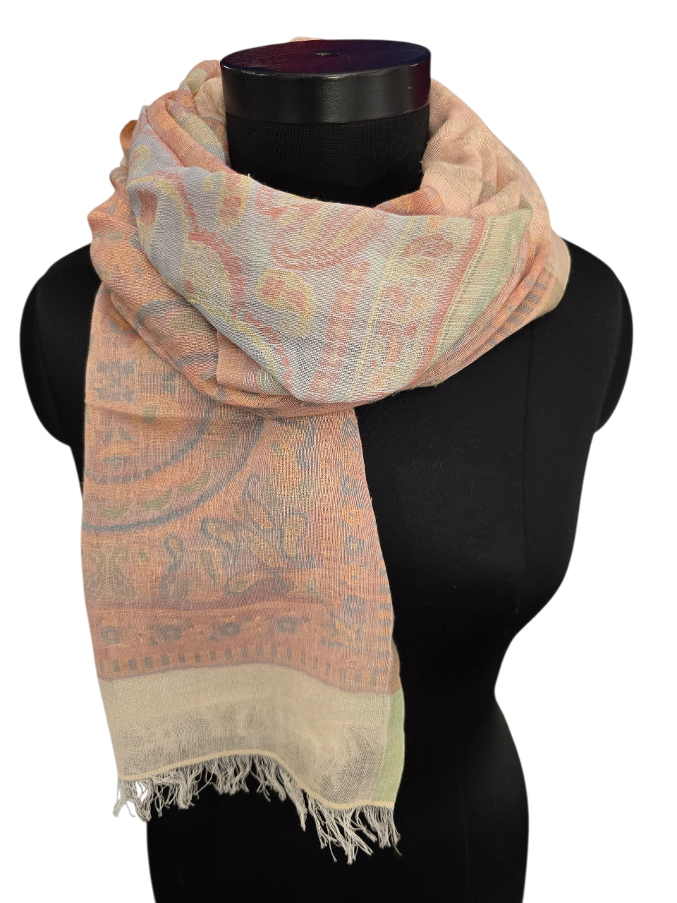 Offwhite og fersken farget skjerf i bomull og silke (0152)