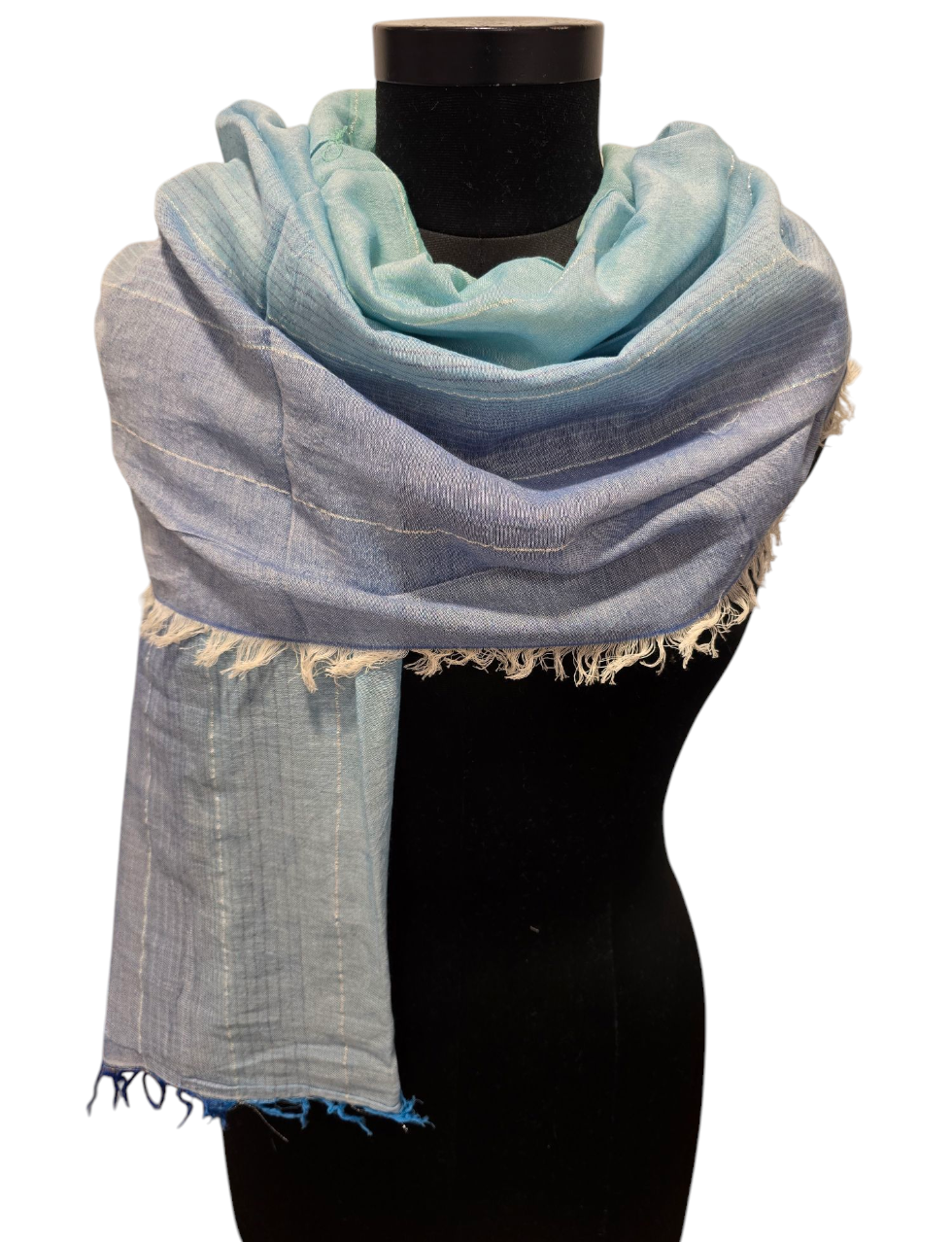 Blått og grønt silke/bomullsskjerf med dekorative "Sølv" striper (6)