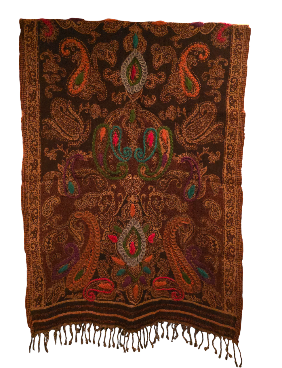 Mørkebrunt ullskjerf med flotte broderier (88)