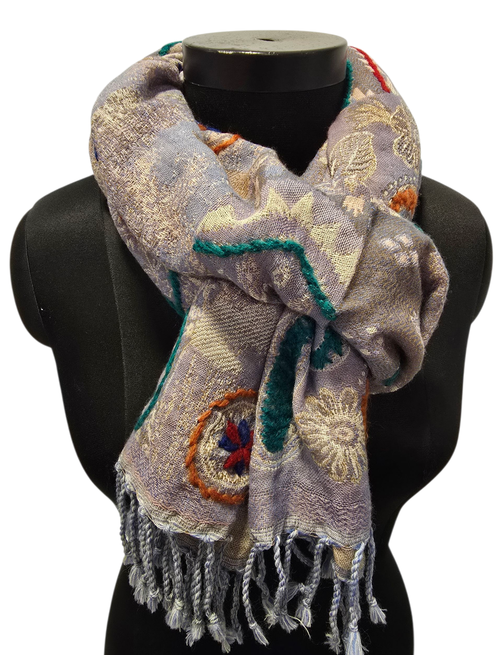 Tykt grått ullskjerf med broderier (50)