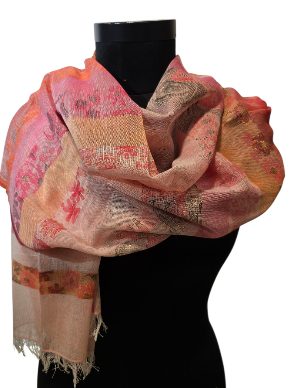 Fersken og rosafarget bomullsskjerf med gylne detaljer (078)