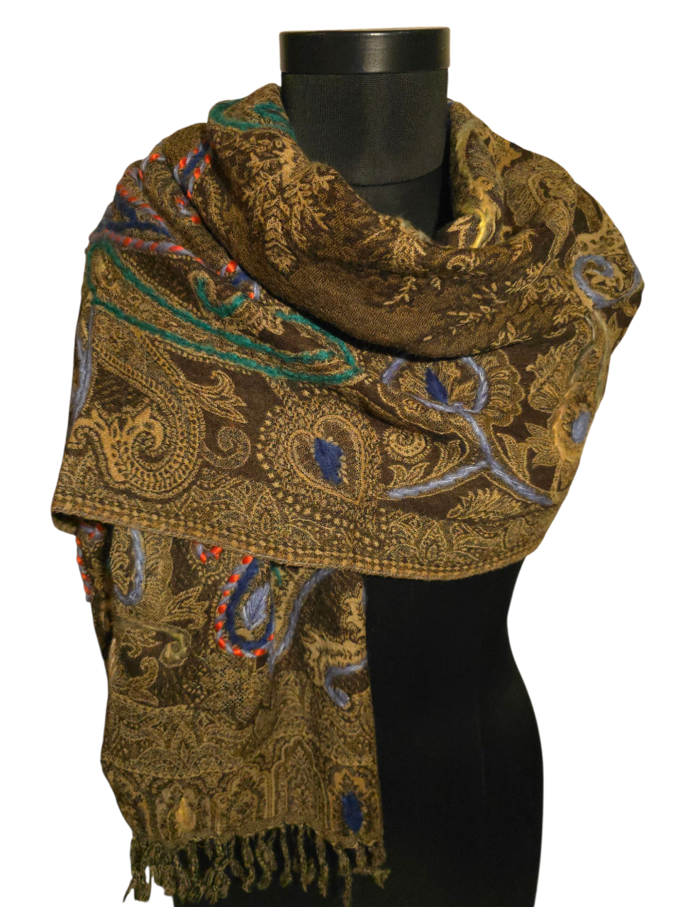 Tykt ullskjerf i varme farger med håndbroderte detaljer (55)