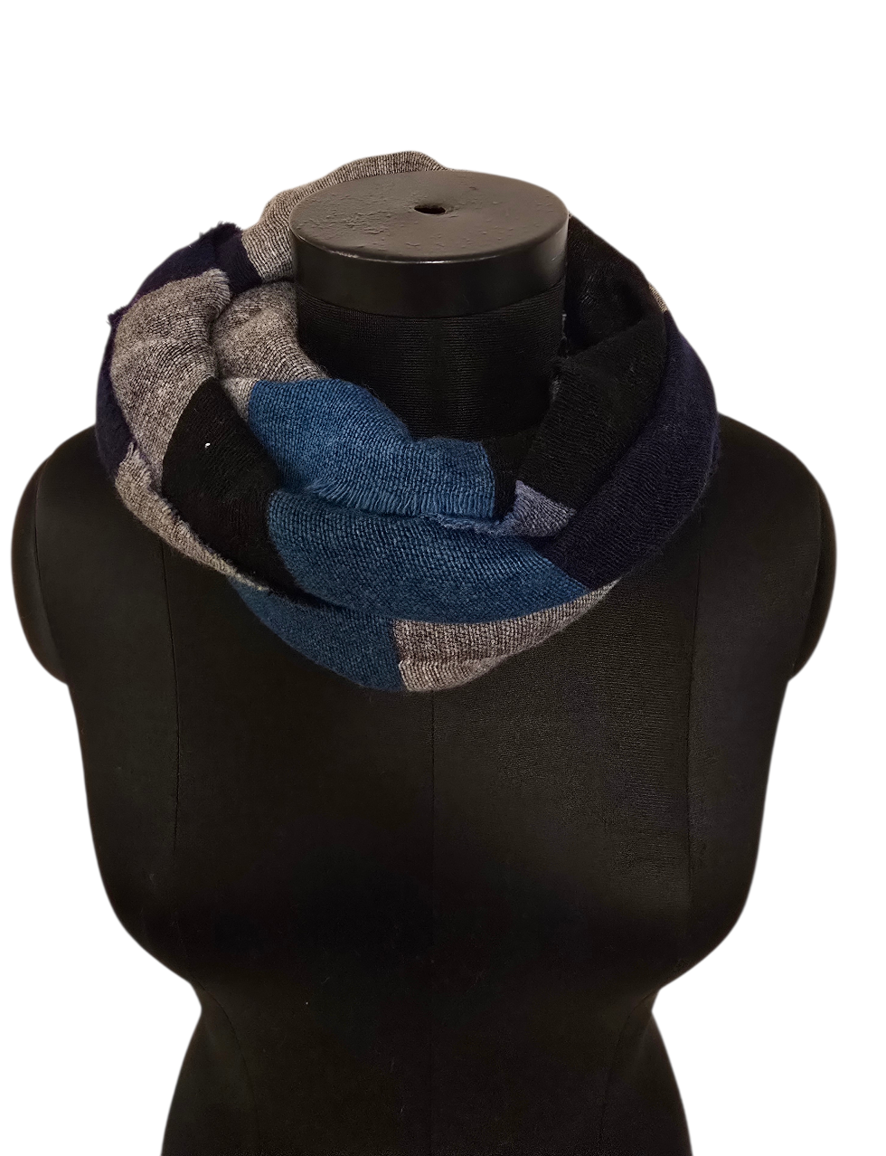 Smalt bredstripet blå, grå og sort ullskjerf (05)