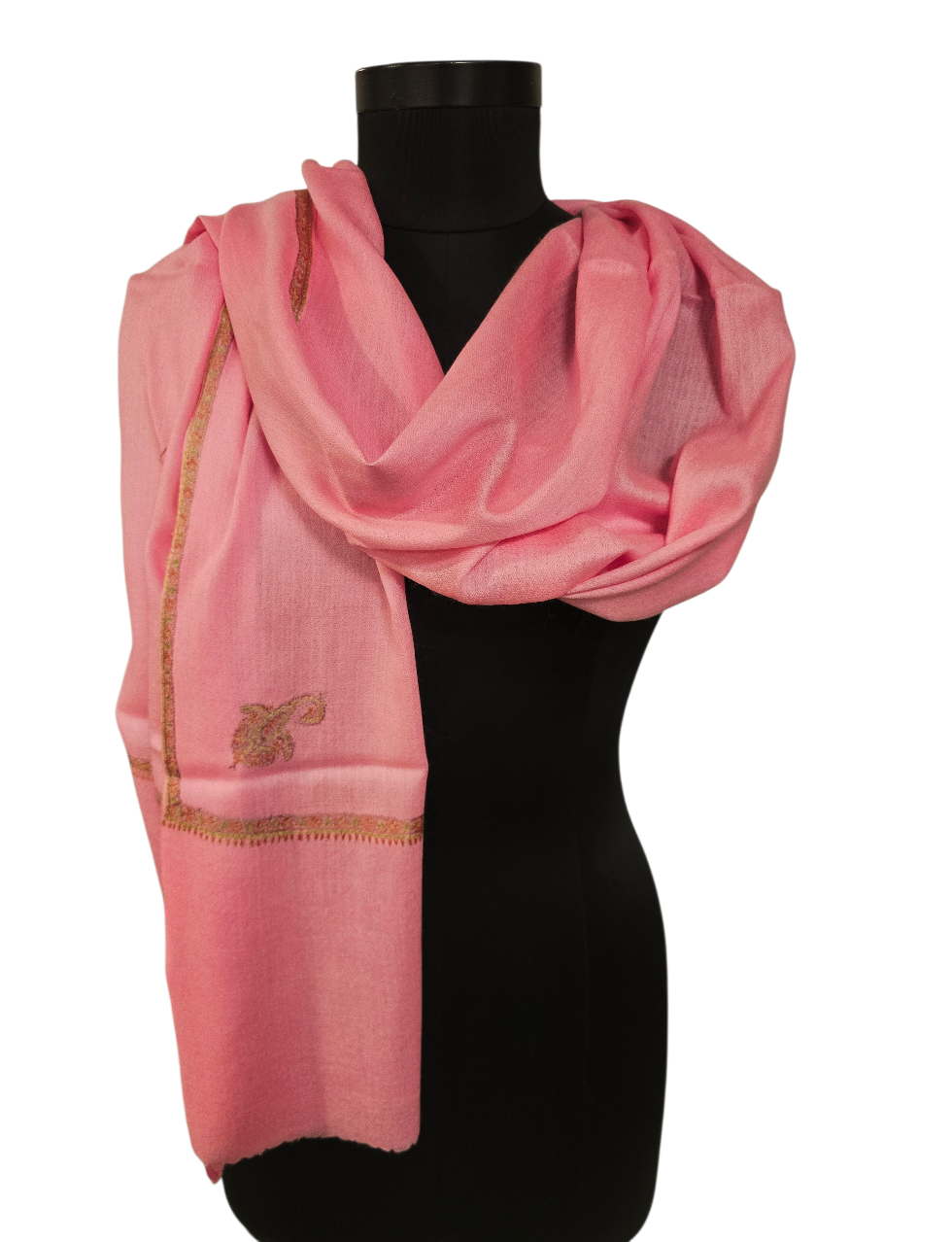 Lys rosa skjerf i kashmir og merino med en håndbrodert kant (5)