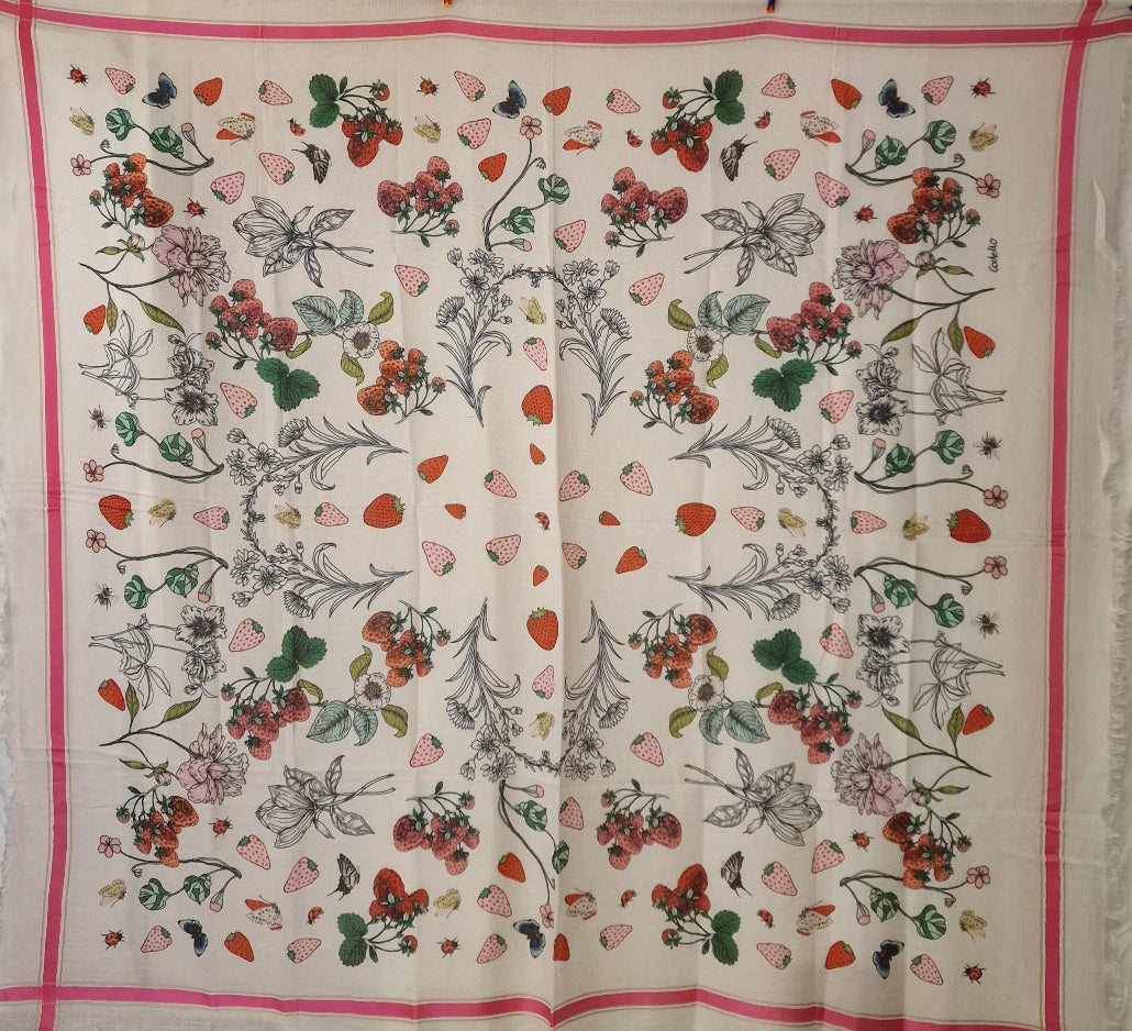 Kvadratisk sjal i bomull og silke kalt "Jordbær" (16)