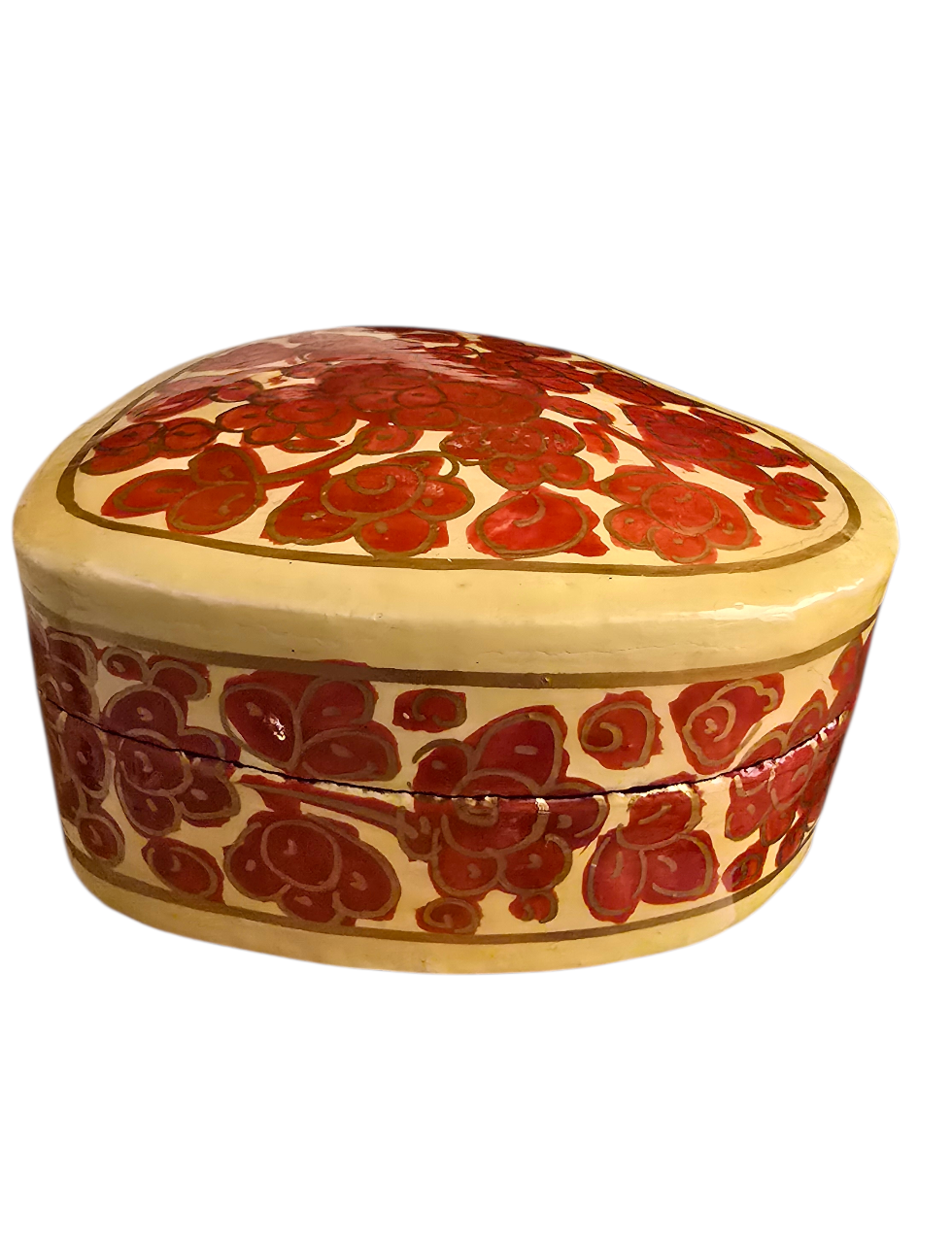Hjerteformet liten smørgul boks med røde blomster med gull dekor (19)