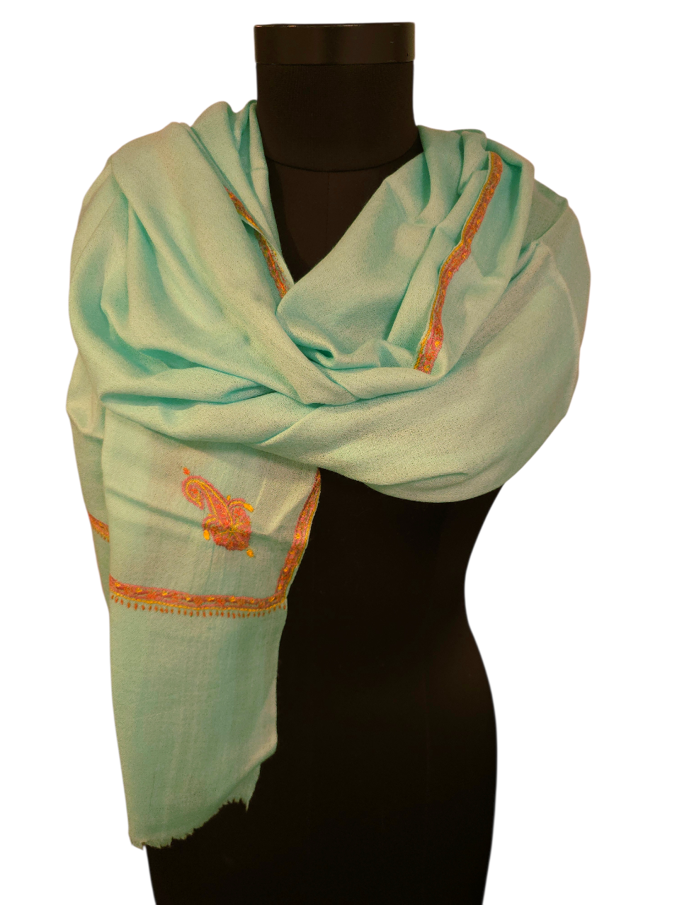 Aquablått sjal i cashmere og merino med håndbroderte detaljer (25)