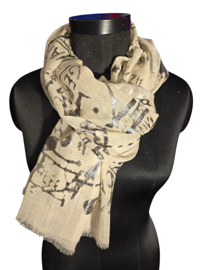 Stålgrått skjerf i merino og silke med "sølv" mønster (75)