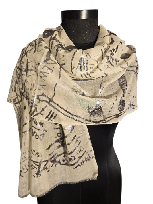 Stålgrått skjerf i merino og silke med "sølv" mønster (75)