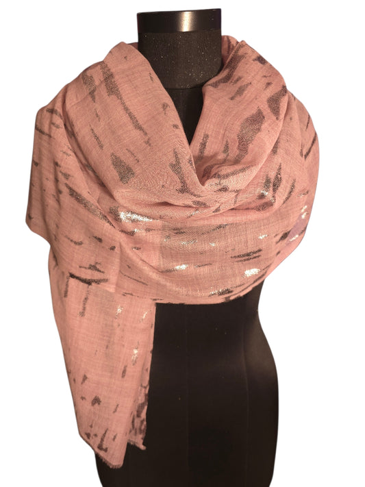Støv-rosa skjerf i merino og silke med "sølv" mønster (71)