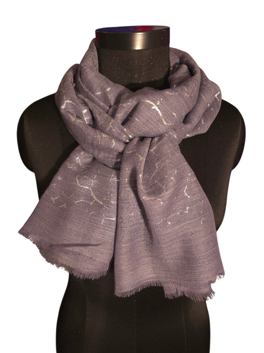 Melert solnedgangsblått skjerf i merino og silke med "sølv" mønster (72)