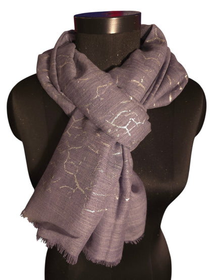 Melert solnedgangsblått skjerf i merino og silke med "sølv" mønster (72)