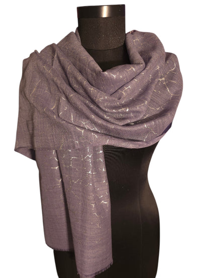 Melert solnedgangsblått skjerf i merino og silke med "sølv" mønster (72)