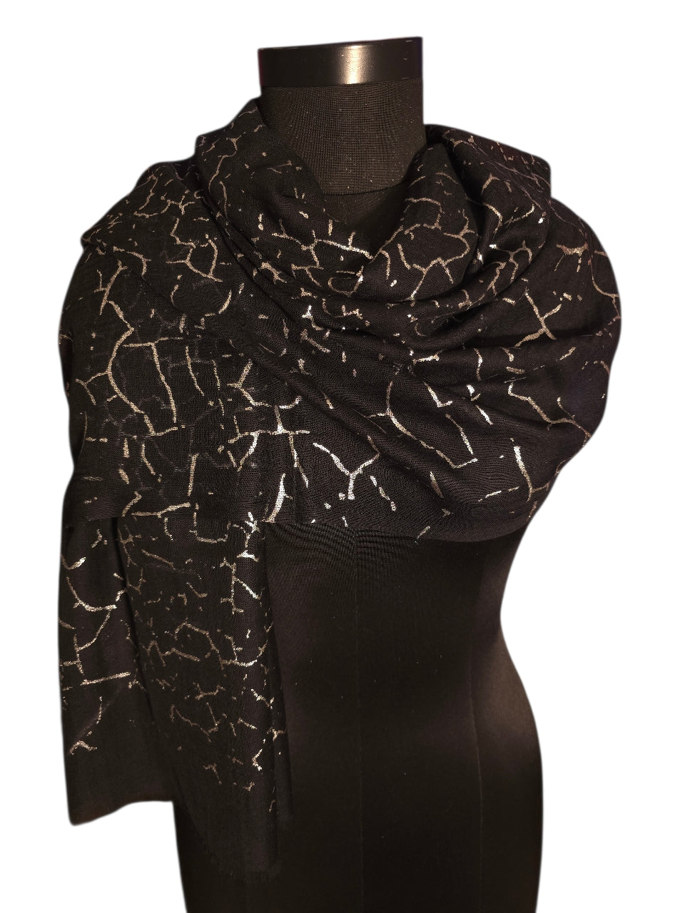 Sort skjerf i merino og silke med "sølv" mønster (73)