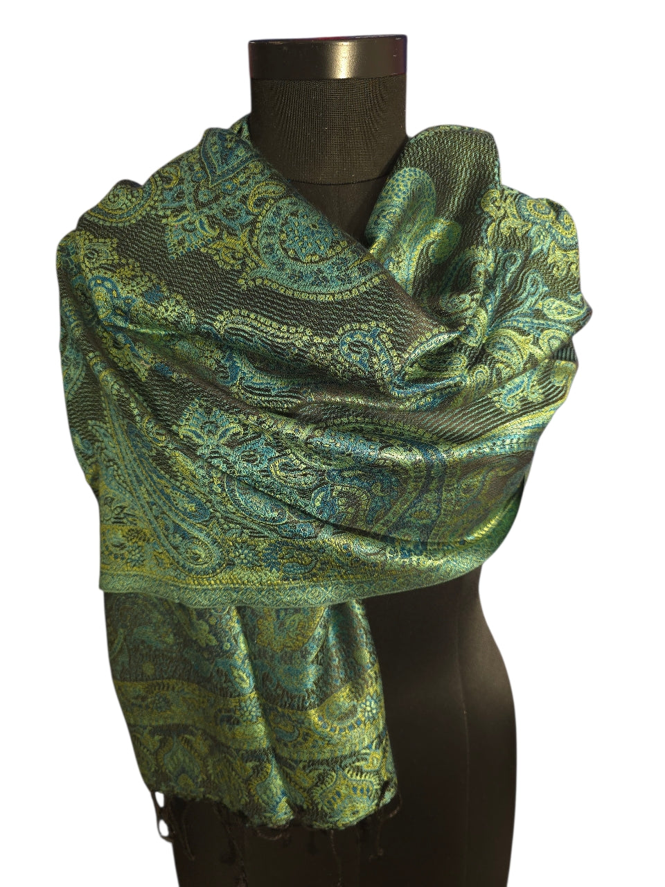 50x180 cm stort grønt, sjøgrønt og sort skjerf i ren silke (41)