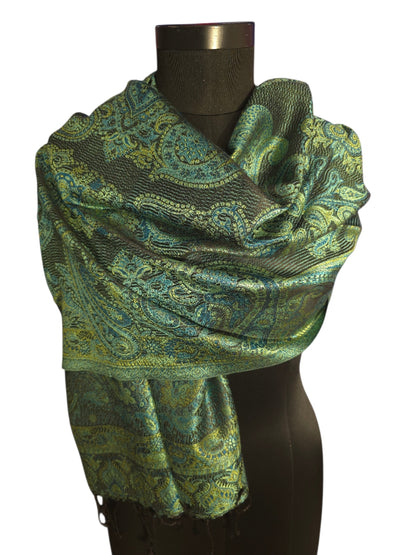 50x180 cm stort grønt, sjøgrønt og sort skjerf i ren silke (41)