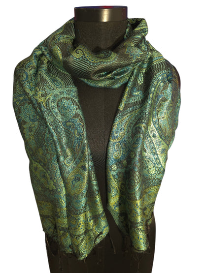 50x180 cm stort grønt, sjøgrønt og sort skjerf i ren silke (41)