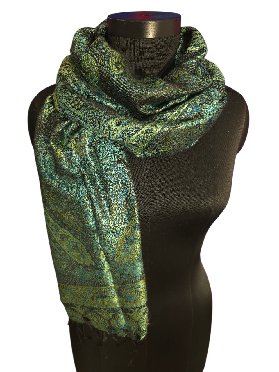 50x180 cm stort grønt, sjøgrønt og sort skjerf i ren silke (41)