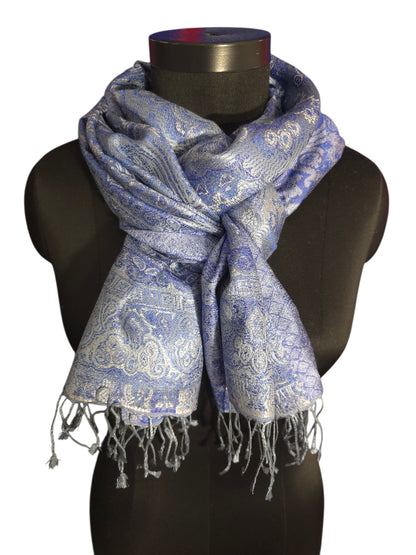 Lyseblått og sølvgrått jaquardvevet silkeskjerf (43)