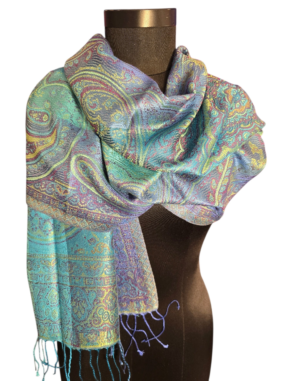 Jaquardvevet silkeskjerf i turkise og blå farger (44)
