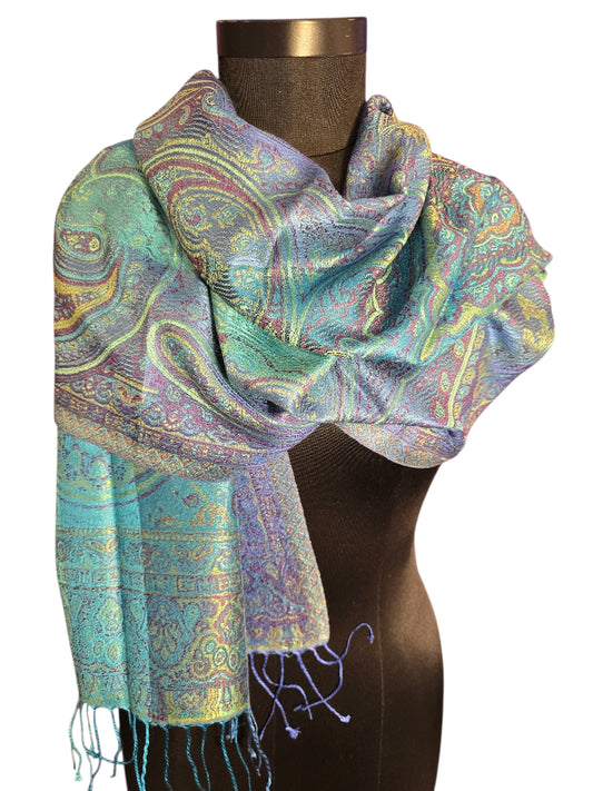 Jaquardvevet silkeskjerf i turkise og blå farger (44)