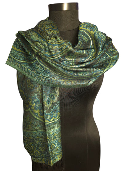 Grønt, sjøgrønt og sort skjerf i ren silke (45)