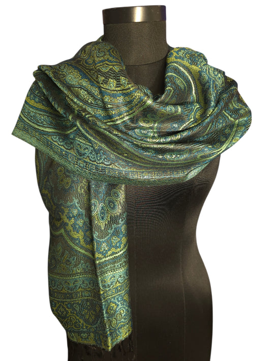 Grønt, sjøgrønt og sort skjerf i ren silke (45)