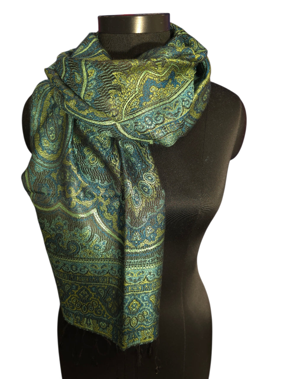 Grønt, sjøgrønt og sort skjerf i ren silke (45)