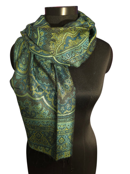 Grønt, sjøgrønt og sort skjerf i ren silke (45)