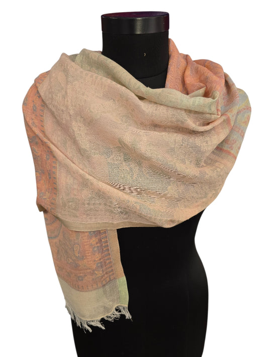 Offwhite og fersken farget skjerf i bomull og silke (0152)