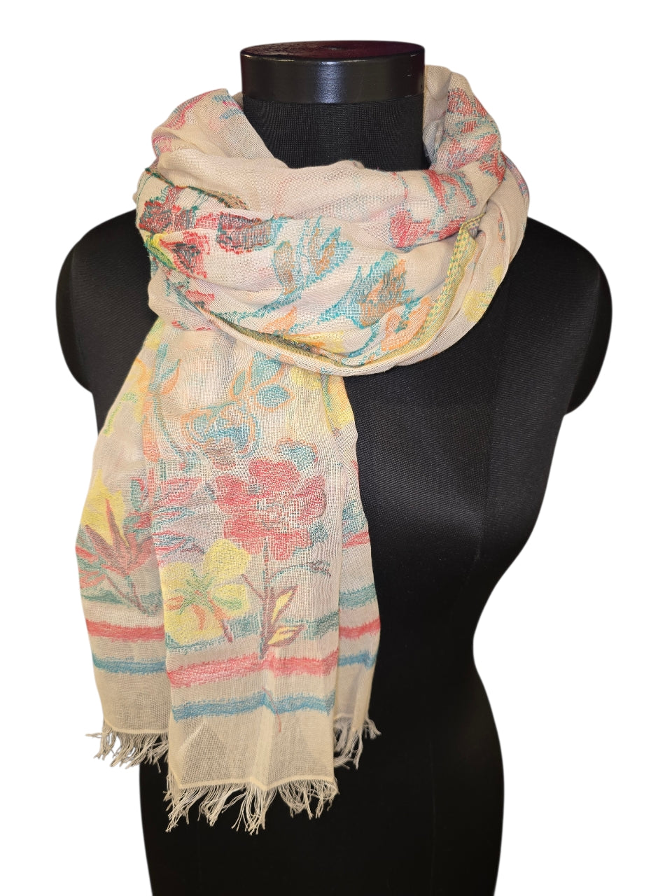 Lykkelig blomstret skjerf i bomull og silke (0157)