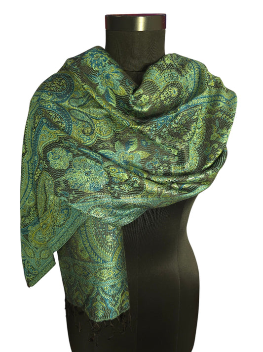 Grønt, sjøgrønt og sort skjerf i ren silke (53)