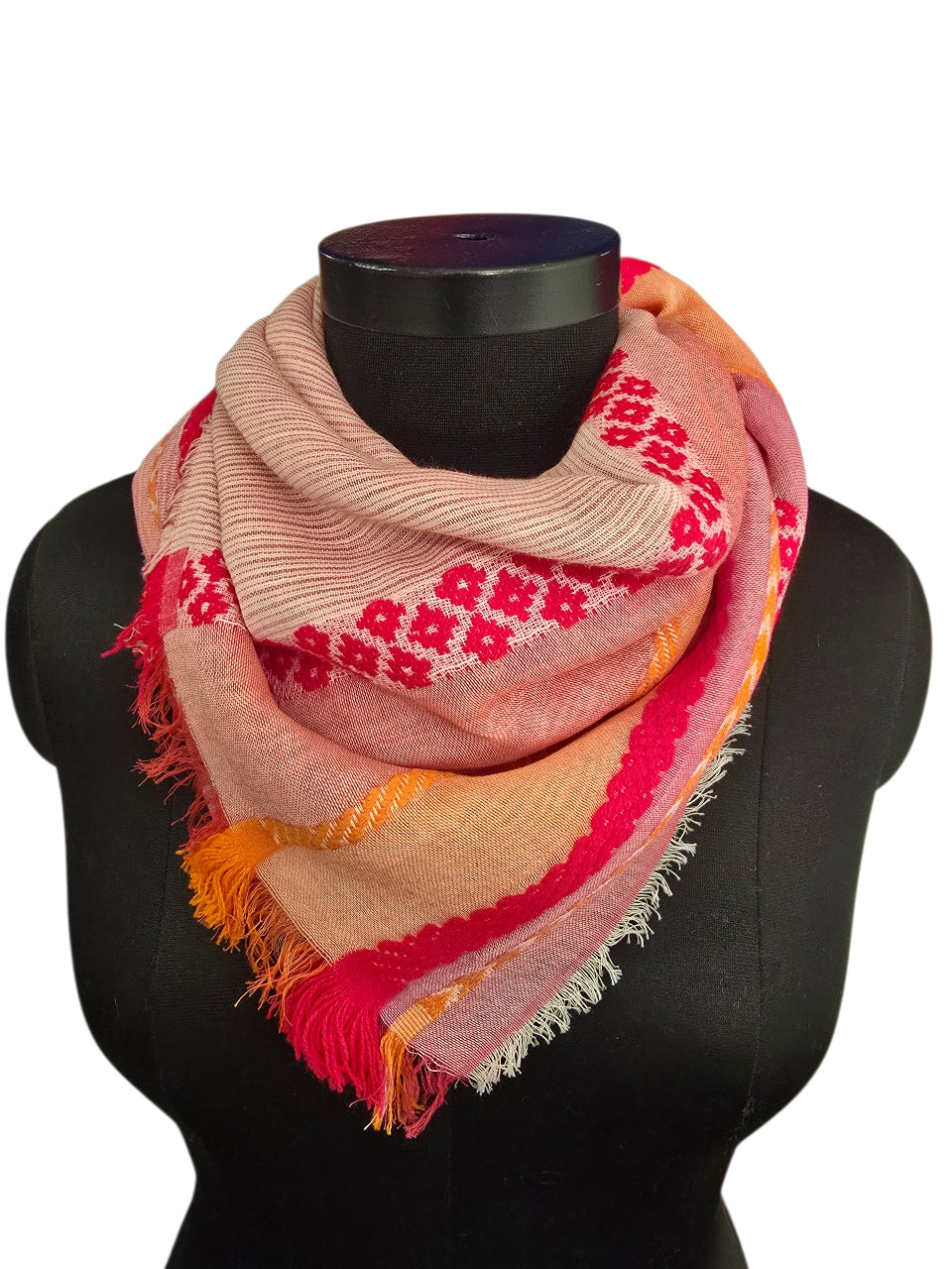 Stort rosa og orange sjal i 100% bomull (0162)