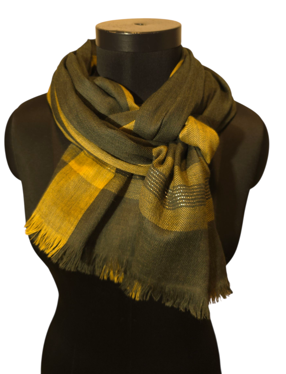 Mørkegrønt ullskjerf med gule striper og et hint av "gull" (71)