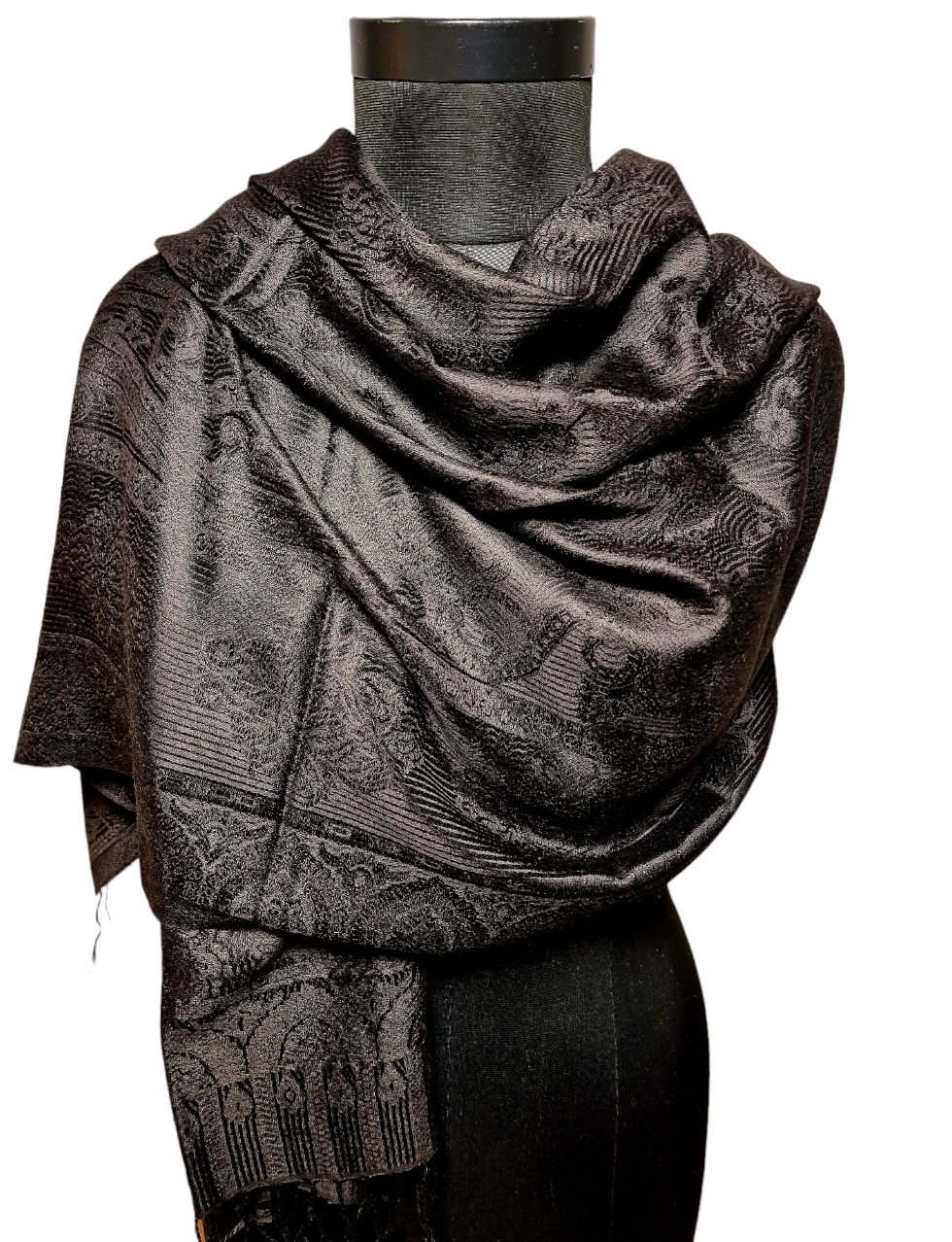 Elegant jaquardvevd svart silkesjal (178)