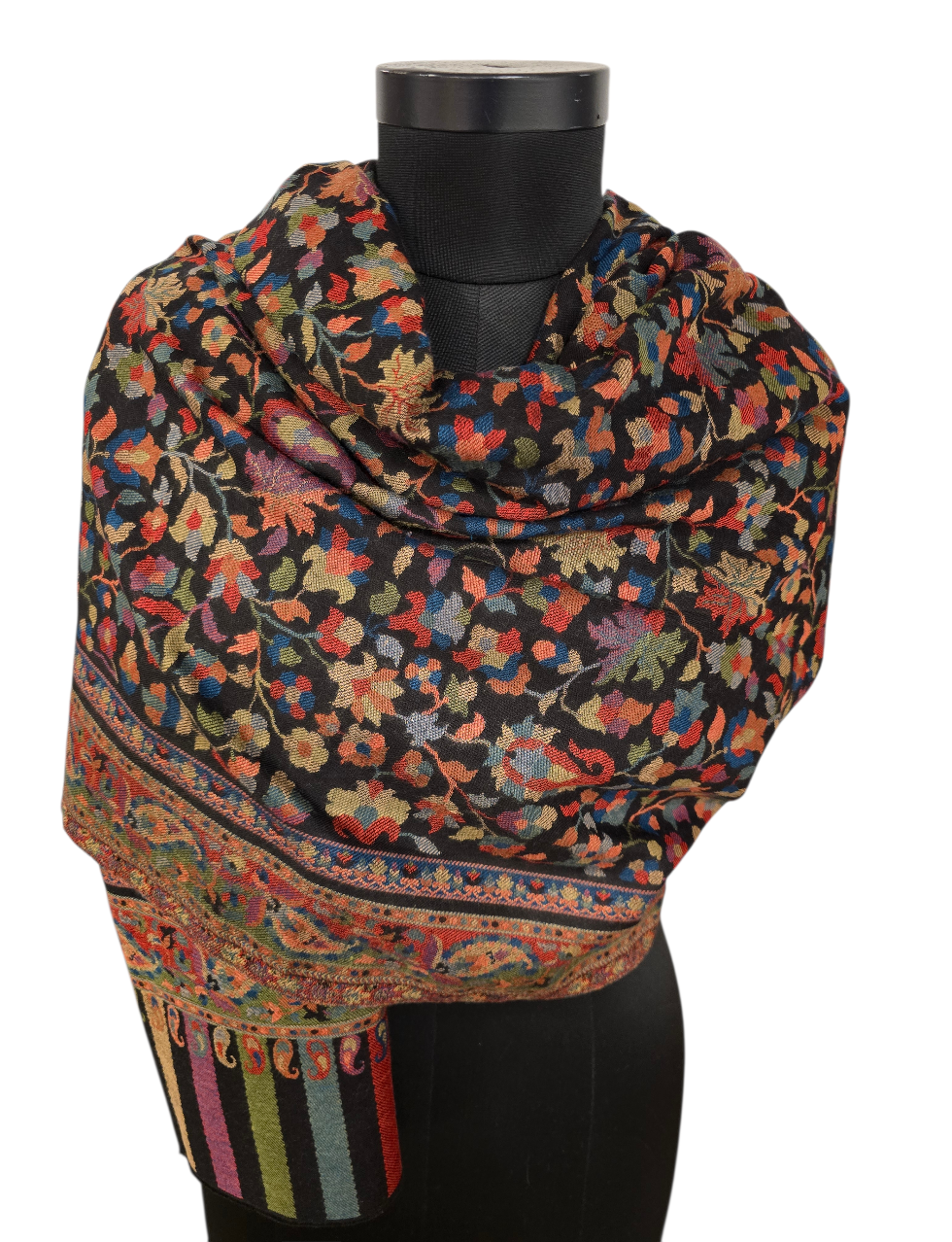 Sort, stort, varmt og vakkert mønstervevet sjal i 100% merino ull (45)