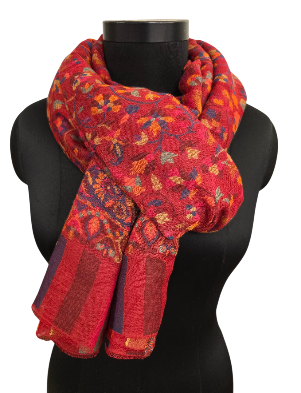 Dyp rødt mønstervevet sjal i cashmere og merino (42)