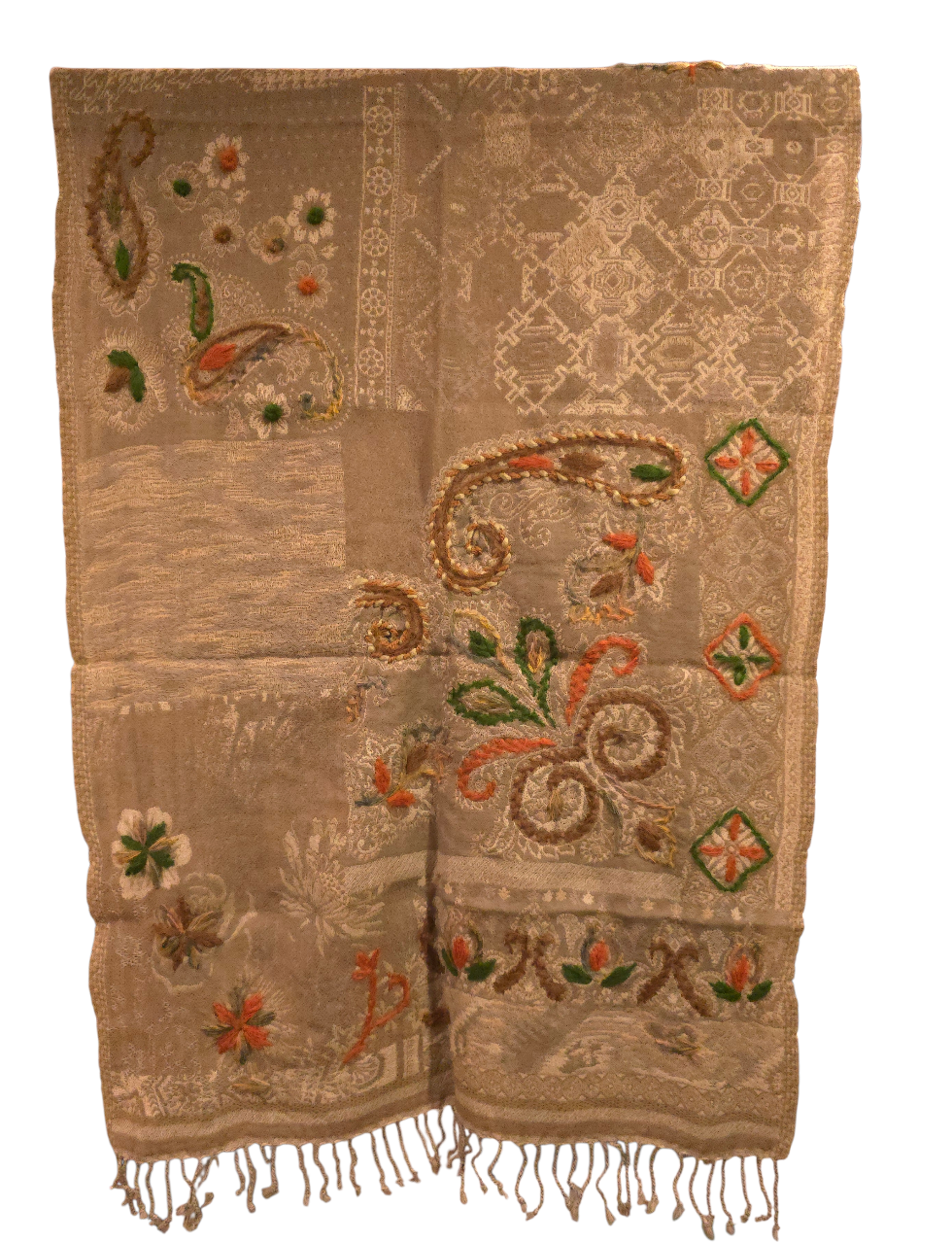 Grå/beige ullskjerf med duse broderier (89)