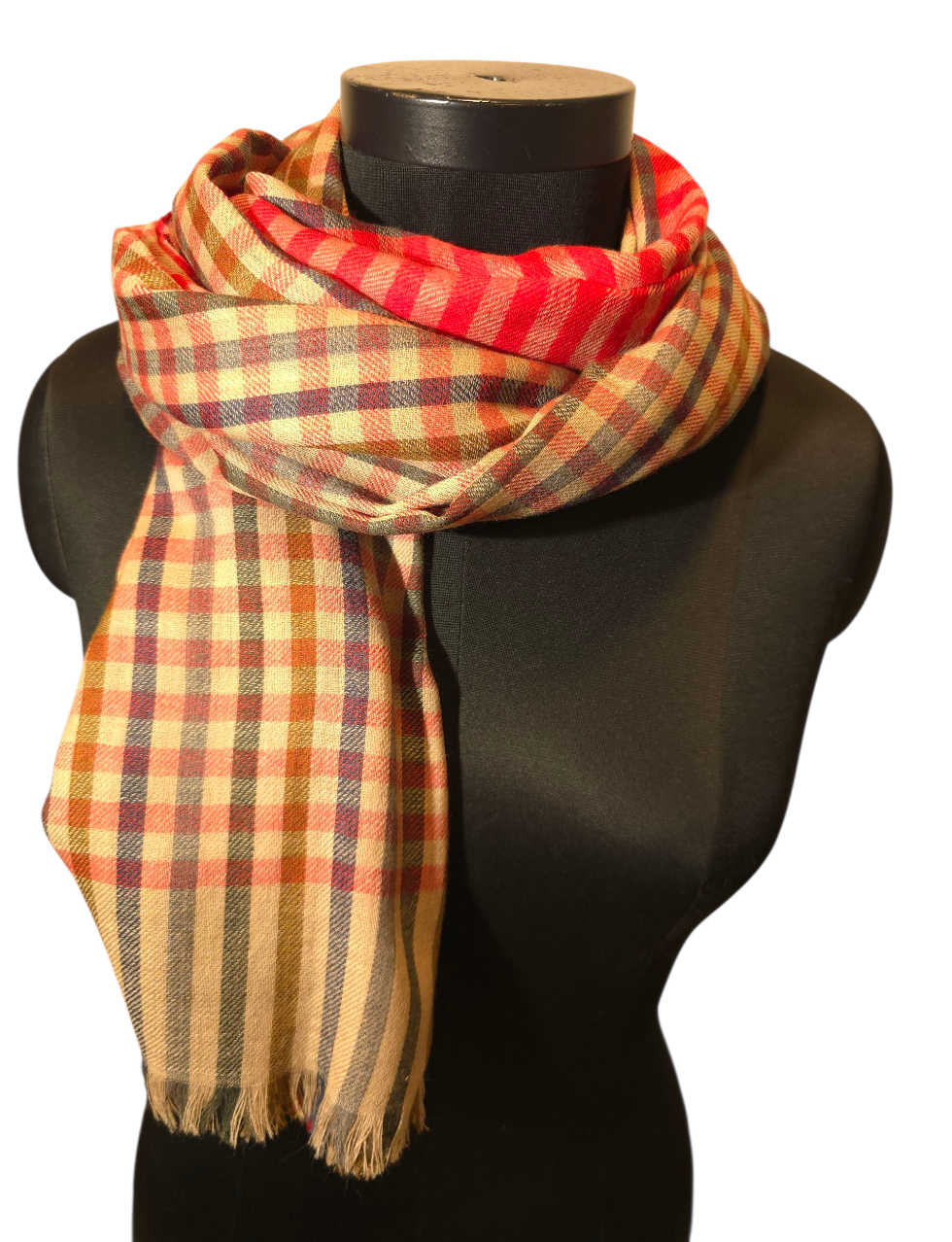 Mønstret beige skjerf med fargerike striper og ruter (77)