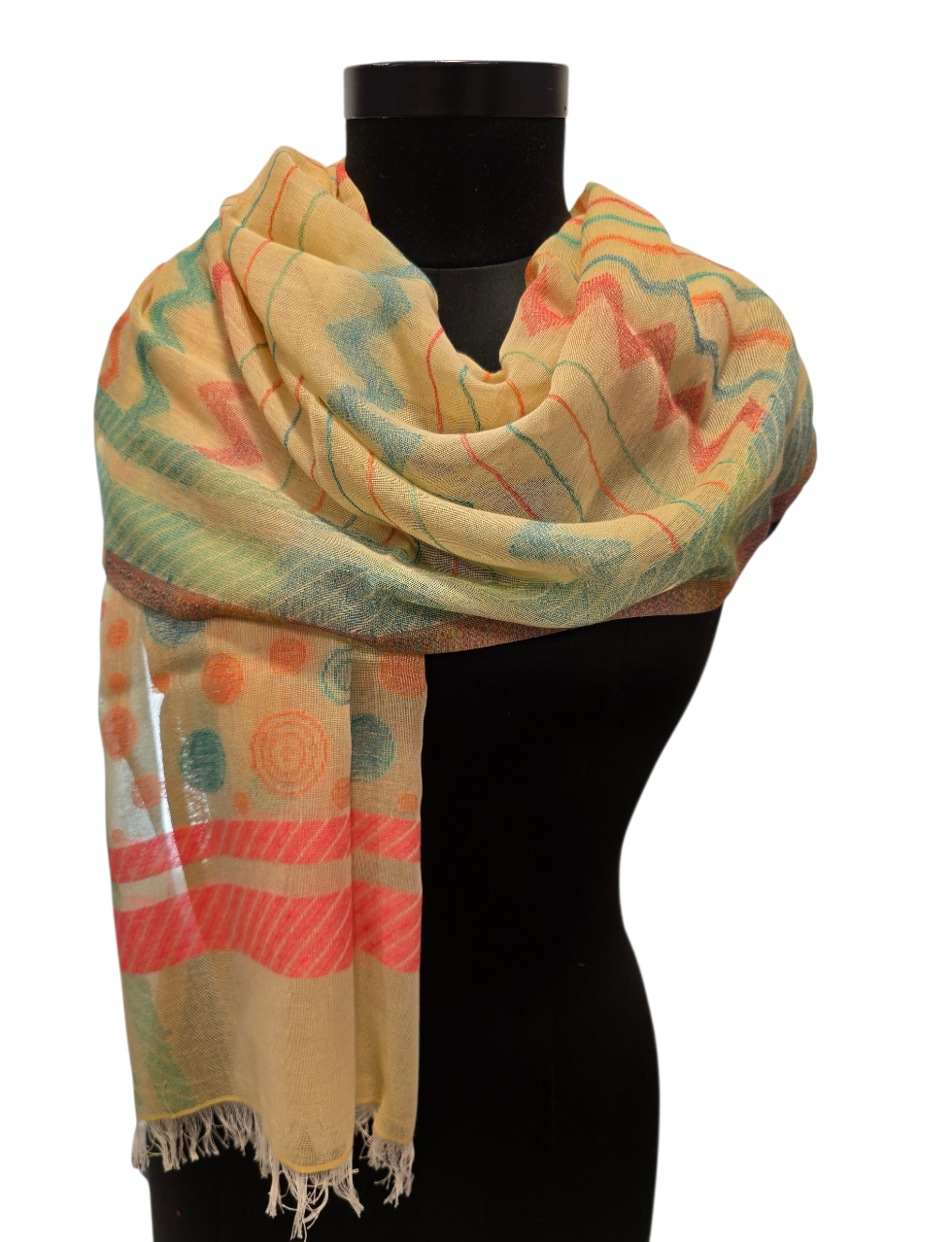 Luftig smørgult skjerf med flotte vevde mønster (087)