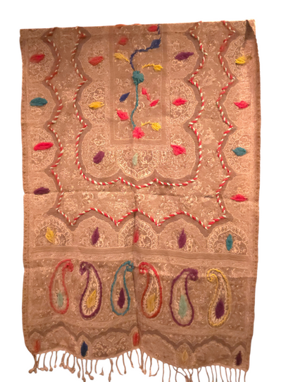 Beige/brunt ullskjerf med broderier (94)