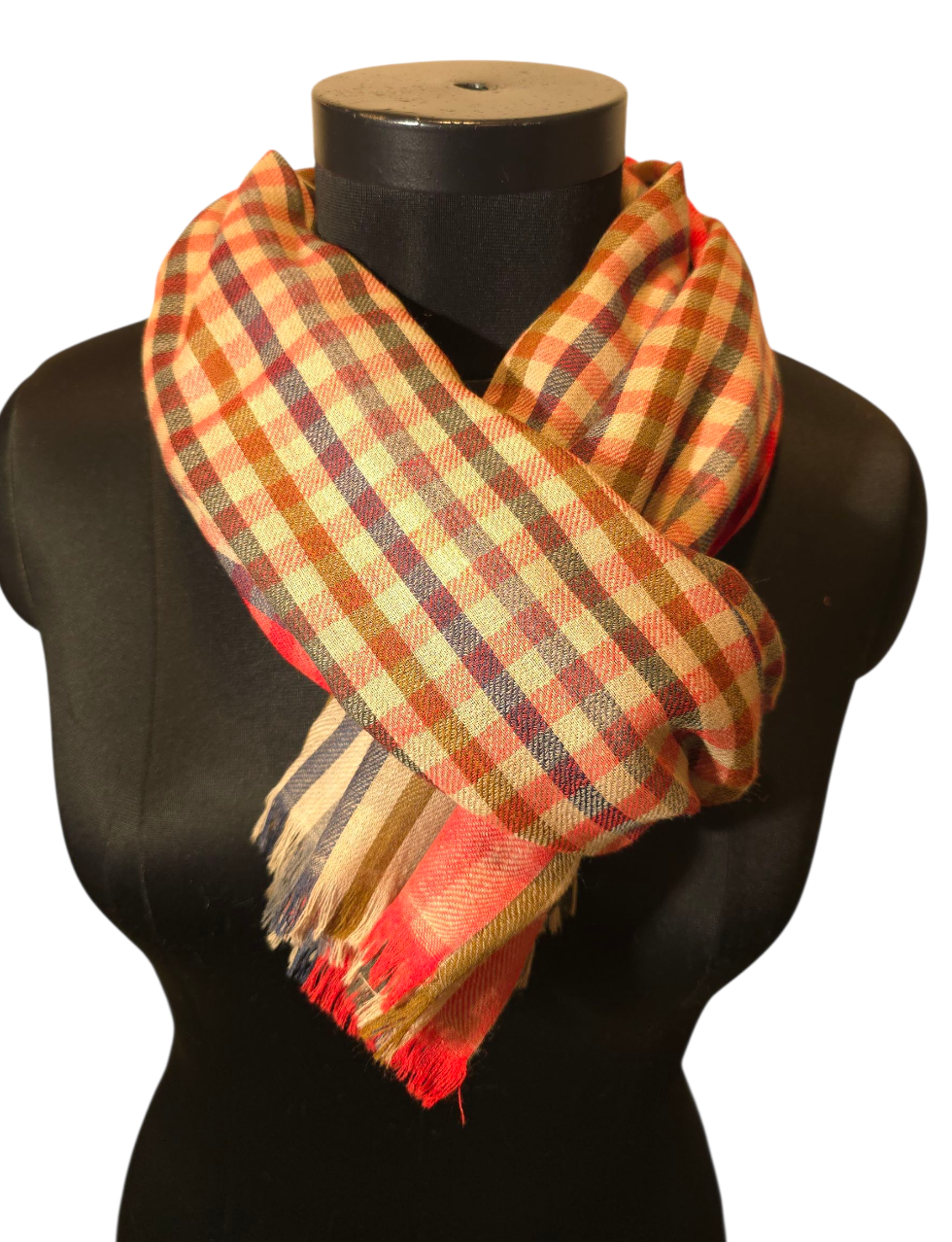 Mønstret beige skjerf med fargerike striper og ruter (77)