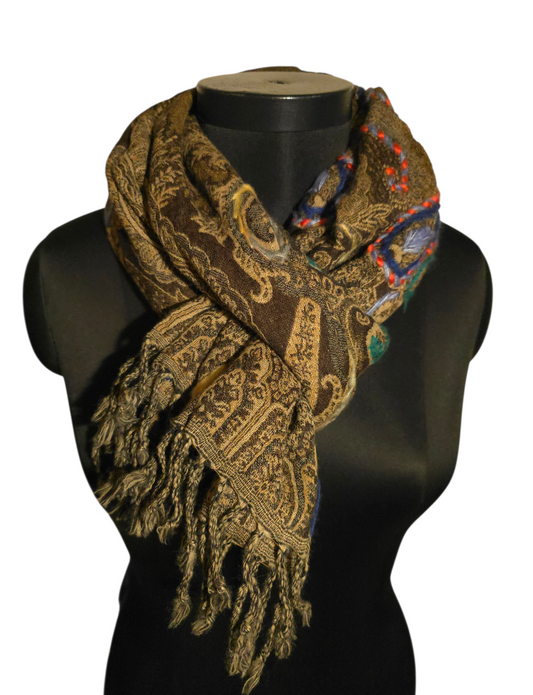 Tykt ullskjerf i varme farger med håndbroderte detaljer (55)