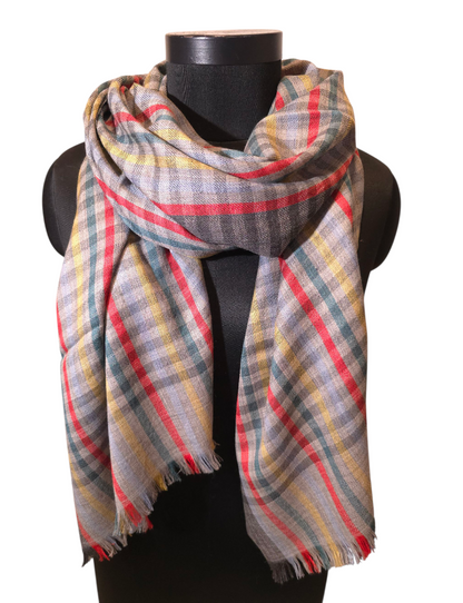 Grå rutete skjerf i ren ull med røde, gule, lavendel og grønne striper (76)