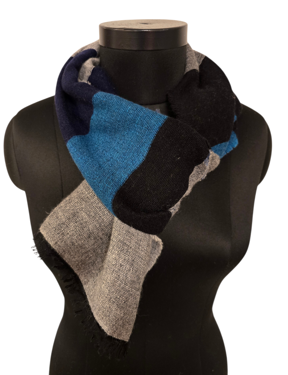 Smalt bredstripet blå, grå og sort ullskjerf (05)