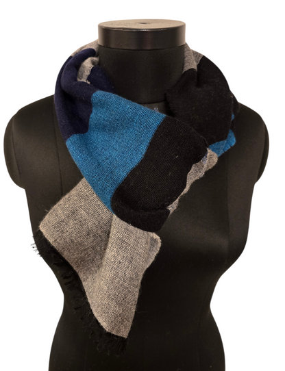 Smalt bredstripet blå, grå og sort ullskjerf (05)